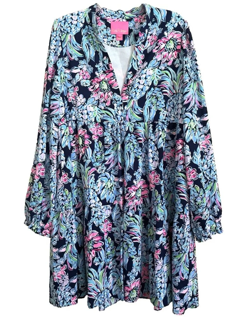 Lilly Pulitzer Winona Dress Large High Tide Navy Pineapple Paradise Long Sleeves - Picture 2 of 10